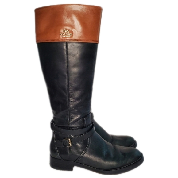 COACH Elm Knee High Riding Leather Boot Black/Saddle Size 7.5 - Picture 1 of 11